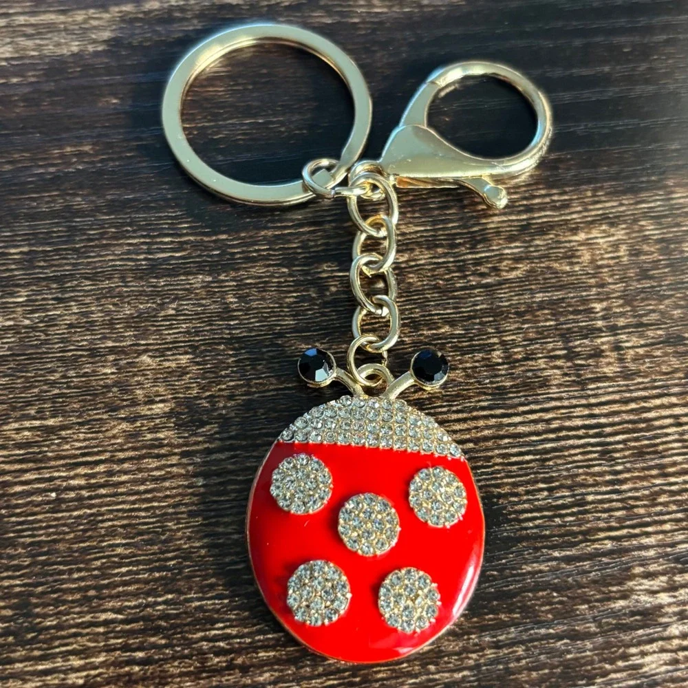 Gold Tone Red Enamel Rhinestone Ladybug Keychain Bag Charm
